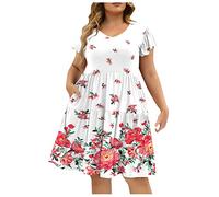 Sommerkleider Damen Leicht Und Luftig Große Größe Sommerkleid Knielang Rüschen Kleider Sommer Elegant Übergröße Tunika Kleid Für Mollige Frauen Mit Taschen A Linie Midi Strandkleid Bedruckt