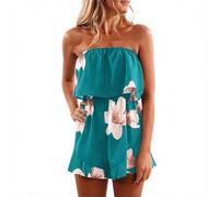 sommerkleider damen leicht und luftig, Jumpsuit Damen Sommer Kurz Bandeau Romper Elegant Ärmellos Boho Overall mit Blumenmuster Festlich Hohe Taille Weite Shorts Playsuit Einteiler Sommerkleid Blau XL