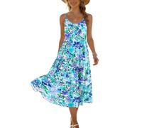Sommerkleider Damen Leicht und Luftig Kleider Damen Sommer Freizeitkleid Blumenmuster Midikleid A Linie Schickes Tank Kleid Ärmelloses Festlich Hängerchen mit Taschen Alltag XXL C Sky Blue