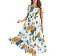 Sommerkleider Damen Leicht Und Luftig Leinenkleider Damenkleid Sundress A-Linien Plisseekleid Volant-Kleid Hawaii Dresses for Women Summer Dress Kurzarm Freizeitkleider Damen Sommer Rundhals