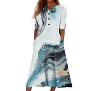 Sommerkleider Damen Leicht Und Luftig Midi Kleider Damen Sommer Elegant Sommerkleid Mit Knopfleiste Kleid Frauen A Linie Geometrisch Muster Damenkleider mit Taschen Strandkleid