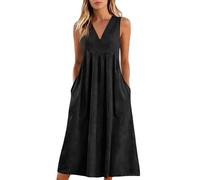 Sommerkleider Damen Leicht Und Luftig mit Knopfleiste Midi Kleider Breite Träger Damenkleider V Ausschnitt Kleid Damen Sommer Weite Ärmellos Leinenkleid Lässig Strandkleid Elegant Sommerkleid