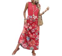 Sommerkleider Damen Leicht und Luftig Sommerkleid Damen Lang Ärmellos Rundhals Blumen Maxikleid Hohe Taille Freizeitkleid Elegant Luftiges Strandkleid Damenkleid Alltag S C Red