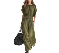 Sommerkleider Damen Leicht und Luftig Sommerkleid Damen Lang Elegant Kleid Leicht und Luftig Kleider Gesmokt A Linie Strandkleid mit Taschen Kurzarm Maxikleid Retro Einfarbig XL Army Green