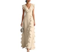 Sommerkleider Damen Leicht und Luftig Sommerkleid Damen Leicht und Luftig Kleid Elegant Festlich Hochzeit Gast V Ausschnitt Chiffon Lang A Linie M Beige