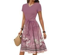 Sommerkleider Damen Leicht Und Luftig Sommerkleid Damen Midi Elegant Blumen Strandkleid A Linie Festliche Kleider Sommer Midikleider Frauen Kurzarm Boho-Kleid Strand Damenkleider Rundhals