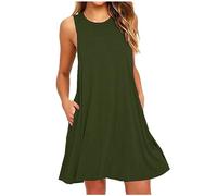 Sommerkleider Damen Leicht und Luftig Strandkleid Kurz Sommer Kleid Elegant Casual Kleider Rundhals Ärmellos Freizeitkleider Alltag Locker Shirtkleid mit Taschen Minikleid Party Tankkleid