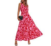 Sommerkleider Damen Leicht Und Luftig Trendig Vintage Druck Ärmellos Lose Maxi Kleider Sexy V Ausschnitt Swing A Linie Lang Kleid Pink 2XL Maxi Kleider Für Damen Sommerkleider Für Damen