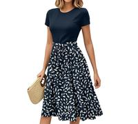 Sommerkleider Damen Leicht und Luftig Tunika Sommer Knielang Strandkleid mit Gürtel Lässige Boho Kleid Chiffonkleid Röcke Kurzarm Rundhals Print für Abendkleid Summer Wickeloptik