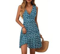 Sommerkleider Damen midi Damen Kleider Sommer Ärmellos Strandkleid V-Ausschnitt Blumenmuster Rüschen Swing Sommerkleid Hohe Taille Sexy Festlich Leichte Freizeitkleid für Urlaub A Navy M