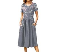 Sommerkleider Damen Midi Elegant Blumen Kleid Sommer A-Linie Plissee Kleider Kurzarm mit Ärmel Sommerkleid Leicht und Luftig mit Taschen Midikleid Frauen Blumiges Rundhals Strandkleid Lang Casual