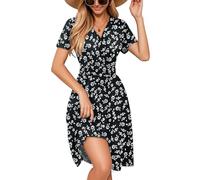 Sommerkleider Damen und Luftig, Damen Sommerkleid Midi Mädchen Boho Freizeitkleid Tunika Hohe Taille Swing Kleid Leicht Knielänge Cocktailkleid in A-Linien für Strand L B Black