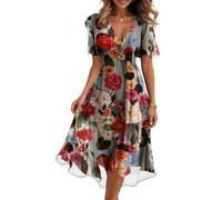 Sommerkleider DamenVintage Kleider Damen Kleid Festlich Elegant Chiffon V-Ausschnitt Drucken Kurzarm Midikleid Mit Gürtel Hohe Taille A-Linien Sommerkleid Cocktailkleid(BR,M)