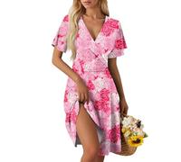 Sommerkleider Für Damen, Maxikleid Damen Elegant Weißes Kleid Casual Blumendruck V Ausschnitt Kurzarm Midi Kleid Swing Strandkleid Elegant A-Linie Blumenkleid Hohe Taille Freizeitkleid Leicht Und