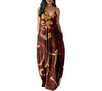 Sommerkleider für Damen, Sommer-Maxi-Boho-Strandkleid, Kleid mit Blumendruck, V-Ausschnitt, ärmellos, hohe Taille, fließend, lang, lockerer Strandurlaub, braunes langes Sommerkleid mit Grafikdruck, Weiß, 4Xl