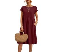 Sommerkleider für Damen, Übergröße, Baumwolle, Leinen, Sommerkleid, kurzärmelig, Strandkleid, Swing, Damenkleid, einfarbig, Midi-Kleid mit Taschen, Rundhalsausschnitt, fließendes Boho-Kleid für den