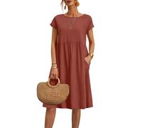 Sommerkleider für Damen, Übergröße, Baumwolle, Leinen, Sommerkleid, kurzärmelig, Strandkleid, Swing, Damenkleid, einfarbig, Midi-Kleid mit Taschen, Rundhalsausschnitt, fließendes Boho-Kleid für den