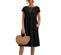 Sommerkleider für Damen, Übergröße, Baumwolle, Leinen, Sommerkleid, kurzärmelig, Strandkleid, Swing, Damenkleid, einfarbig, Midi-Kleid mit Taschen, Rundhalsausschnitt, fließendes Boho-Kleid für den