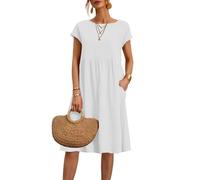 Sommerkleider für Damen, Übergröße, Baumwolle, Leinen, Sommerkleid, kurzärmelig, Strandkleid, Swing, Damenkleid, einfarbig, Midi-Kleid mit Taschen, Rundhalsausschnitt, fließendes Boho-Kleid für den