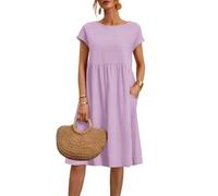 Sommerkleider für Damen, Übergröße, Baumwolle, Leinen, Sommerkleid, kurzärmelig, Strandkleid, Swing, Damenkleid, einfarbig, Midi-Kleid mit Taschen, Rundhalsausschnitt, fließendes Boho-Kleid für den