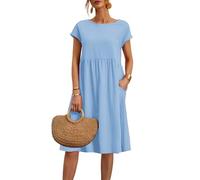 Sommerkleider für Damen, Übergröße, Baumwolle, Leinen, Sommerkleid, kurzärmelig, Strandkleid, Swing, Damenkleid, einfarbig, Midi-Kleid mit Taschen, Rundhalsausschnitt, fließendes Boho-Kleid für den