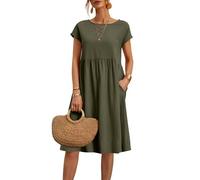 Sommerkleider für Damen, Übergröße, Baumwolle, Leinen, Sommerkleid, kurzärmelig, Strandkleid, Swing, Damenkleid, einfarbig, Midi-Kleid mit Taschen, Rundhalsausschnitt, fließendes Boho-Kleid für den