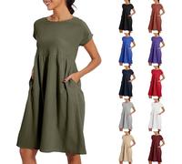 Sommerkleider für Damen, Übergröße, Baumwolle, Leinen, Sommerkleid, kurzärmelig, Strandkleid, Swing, Damenkleid, einfarbig, Midi-Kleid mit Taschen, Rundhalsausschnitt, fließendes Boho-Kleid für den