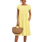 Sommerkleider für Damen, Übergröße, Baumwolle, Leinen, Sommerkleid, kurzärmelig, Strandkleid, Swing, Damenkleid, einfarbig, Midi-Kleid mit Taschen, Rundhalsausschnitt, fließendes Boho-Kleid für den