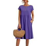 Sommerkleider für Damen, Übergröße, Baumwolle, Leinen, Sommerkleid, kurzärmelig, Strandkleid, Swing, Damenkleid, einfarbig, Midi-Kleid mit Taschen, Rundhalsausschnitt, fließendes Boho-Kleid für den