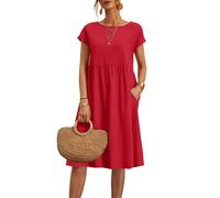 Sommerkleider für Damen, Übergröße, Baumwolle, Leinen, Sommerkleid, kurzärmelig, Strandkleid, Swing, Damenkleid, einfarbig, Midi-Kleid mit Taschen, Rundhalsausschnitt, fließendes Boho-Kleid für den