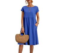 Sommerkleider für Damen, Übergröße, Baumwolle, Leinen, Sommerkleid, kurzärmelig, Strandkleid, Swing, Damenkleid, einfarbig, Midi-Kleid mit Taschen, Rundhalsausschnitt, fließendes Boho-Kleid für den