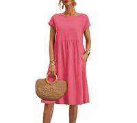 Sommerkleider für Damen, Übergröße, Baumwolle, Leinen, Sommerkleid, kurzärmelig, Strandkleid, Swing, Damenkleid, einfarbig, Midi-Kleid mit Taschen, Rundhalsausschnitt, fließendes Boho-Kleid für den