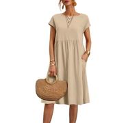 Sommerkleider für Damen, Übergröße, Baumwolle, Leinen, Sommerkleid, kurzärmelig, Strandkleid, Swing, Damenkleid, einfarbig, Midi-Kleid mit Taschen, Rundhalsausschnitt, fließendes Boho-Kleid für den