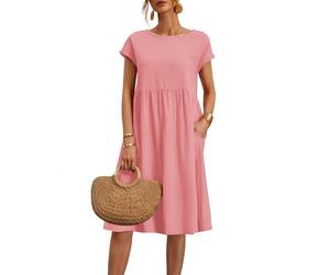 Sommerkleider für Damen, Übergröße, Baumwolle, Leinen, Sommerkleid, kurzärmelig, Strandkleid, Swing, Damenkleid, einfarbig, Midi-Kleid mit Taschen, Rundhalsausschnitt, fließendes Boho-Kleid für den