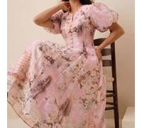 Sommerkleider für Frauen, französischer Retro-Ölgemälde-Muster V-Ausschnitt Petal-Ärmel Perlknopf Taille A-Linie Midi-Kleid, elegantes rosa Kleid für