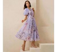 Sommerkleider für Frauen, französischer Vintage-Ölgemälde-Muster V-Ausschnitt Puffärmel Perlenknöpfe tailliertes A-Linie Midi Rosa elegantes Kleid