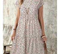 Sommerkleider für Frauen Vintage Cottagecore Boho Sonnenkleider Midi Urlaub Weiß Blumenmuster