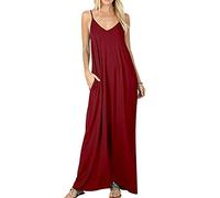 Sommerkleider Lang Maxikleid Strandkleider Lange Kleider Sommer Boho Bodenlanges Kleid Jerseykleid Trägerkleid Sommerkleid V Ausschnitt Bohemian Strandkleid Freizeitkleider Große Größen Rot 2XL