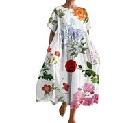 Sommerkleider langes Kleid Damen elegant jerseykleid Blumen Druck Rundhals Kurzarm Oversize Maxi Strand Damenkleider Sommer lang ballkleid（Rosa, S