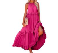 Sommerkleider langes Kleid Damen elegant jerseykleid Einfarbig Neckholder Ärmellose Maxi Damenkleider Sommer lang ballkleid(Hot Pink, S)