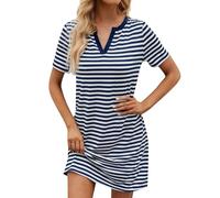 Sommerkleider Strandkleid Damen luftig Kleid schwarz Gestreiftes Patchwork V-Ausschnitt Gerader Schnitt Kurze Ärmel Tunika Sommer Hippie（Blau, XXL