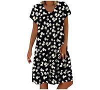 Sommerkleidung Frauen lässige lockere Kurze Ärmeln O-Ausschnitt Gänseblümchen-Druck Plus Größe Kleid Schwarz Langarm Elegant