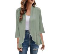 Sommerliche Cardigans für Damen Leichte 3/4 Ärmel Cardigans Offene Bolero Tops Drapierte Rüschen Schals und Tücher Boleros Kimono Überwürfe Bohnengrün M