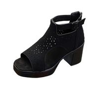 Sommerliche Damen Sandalen mit hohem klobigem Absatz offener Zehenpartie Schnürung atmungsaktivem Design in europäischen Übergrößen (Black-B, 37)