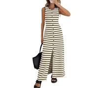 Sommerliche Figurbetonte Maxikleider für Damen Ärmellos Rundhalsausschnitt Gestreiftes Strickkleid Lässiges Langes Knopfkleid Schmal Geschnittenes Sommerkleid Abendkleid Hochzeitsgastkleid Ballkl