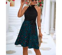 Sommerlicher Color-Block-Kleid für Damen Ärmellos Neckholder-Gürtel grün schwarz S