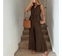 Sommerlicher, lässiger Urlaub, Leinenbluse mit Stickerei, Krawatte, ärmellose Schleife und einfarbige, strukturierte Maxihose mit weitem Bein, elegant