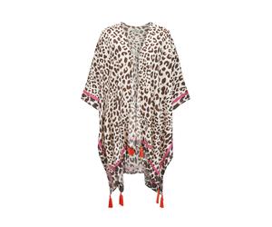 Sommerlicher Poncho aus Viskose mit Leo-Muster und Quasten braun - Gr. - one size