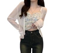 Sommerlicher Transparenter Chiffon Strickpullover für Damen Gerafft Kurz Geschnitten Leichte Strickjacke mit Langen Ärmeln Offener Transparenter Schal Top Überwurf für Kleider Hochzeiten Weiß G