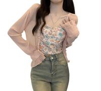 Sommerlicher Transparenter Chiffon Strickpullover für Damen Gerafft Kurz Geschnitten Leichte Strickjacke mit Langen Ärmeln Offener Transparenter Schal Top Überwurf für Kleider Hochzeit Rosa L